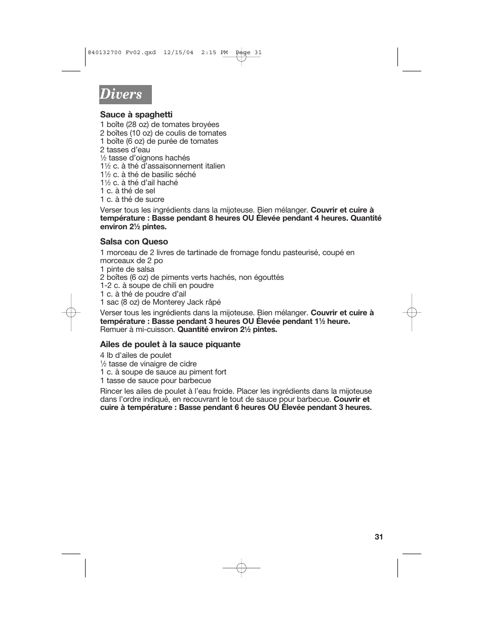 Divers, Sauce à spaghetti, Salsa con queso | Ailes de poulet à la sauce piquante | Hamilton Beach 840132700 User Manual | Page 31 / 44