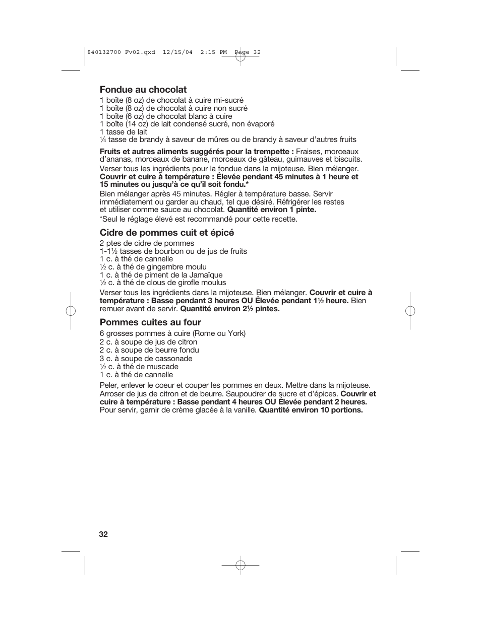 Fondue au chocolat, Cidre de pommes cuit et épicé, Pommes cuites au four | Hamilton Beach 840132700 User Manual | Page 32 / 44