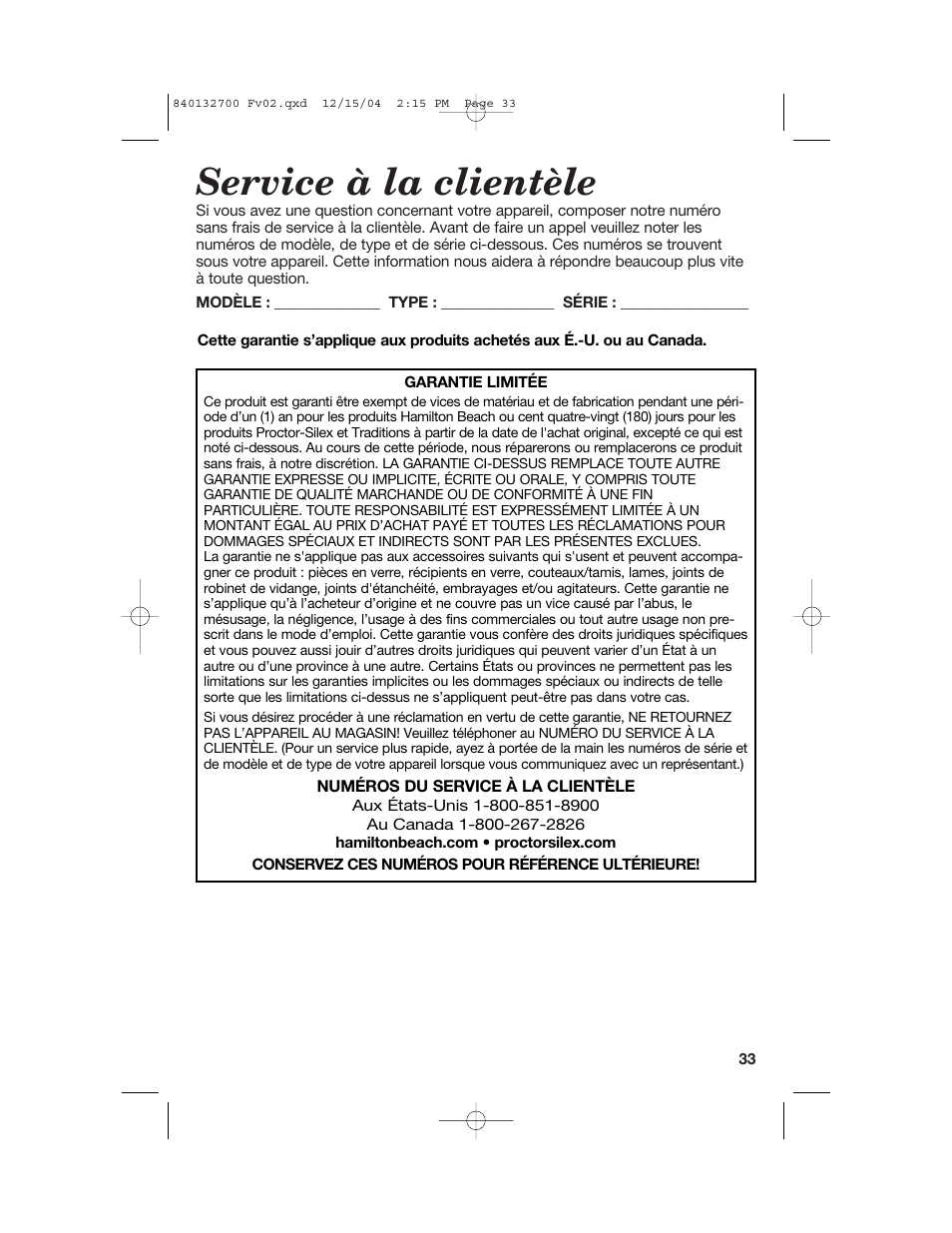 Service à la clientèle | Hamilton Beach 840132700 User Manual | Page 33 / 44