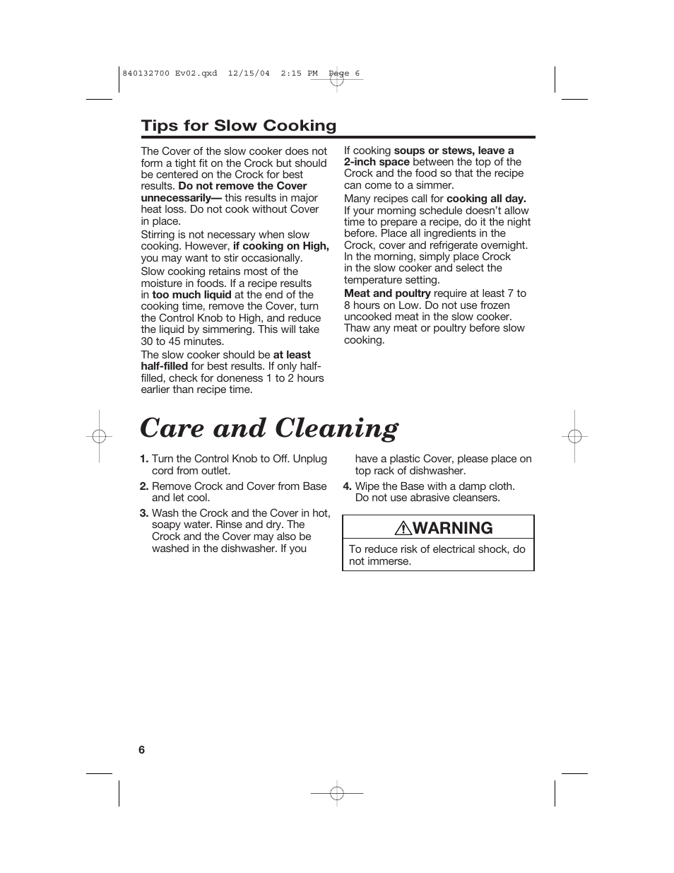 Care and cleaning, Warning, Tips for slow cooking | Hamilton Beach 840132700 User Manual | Page 6 / 44