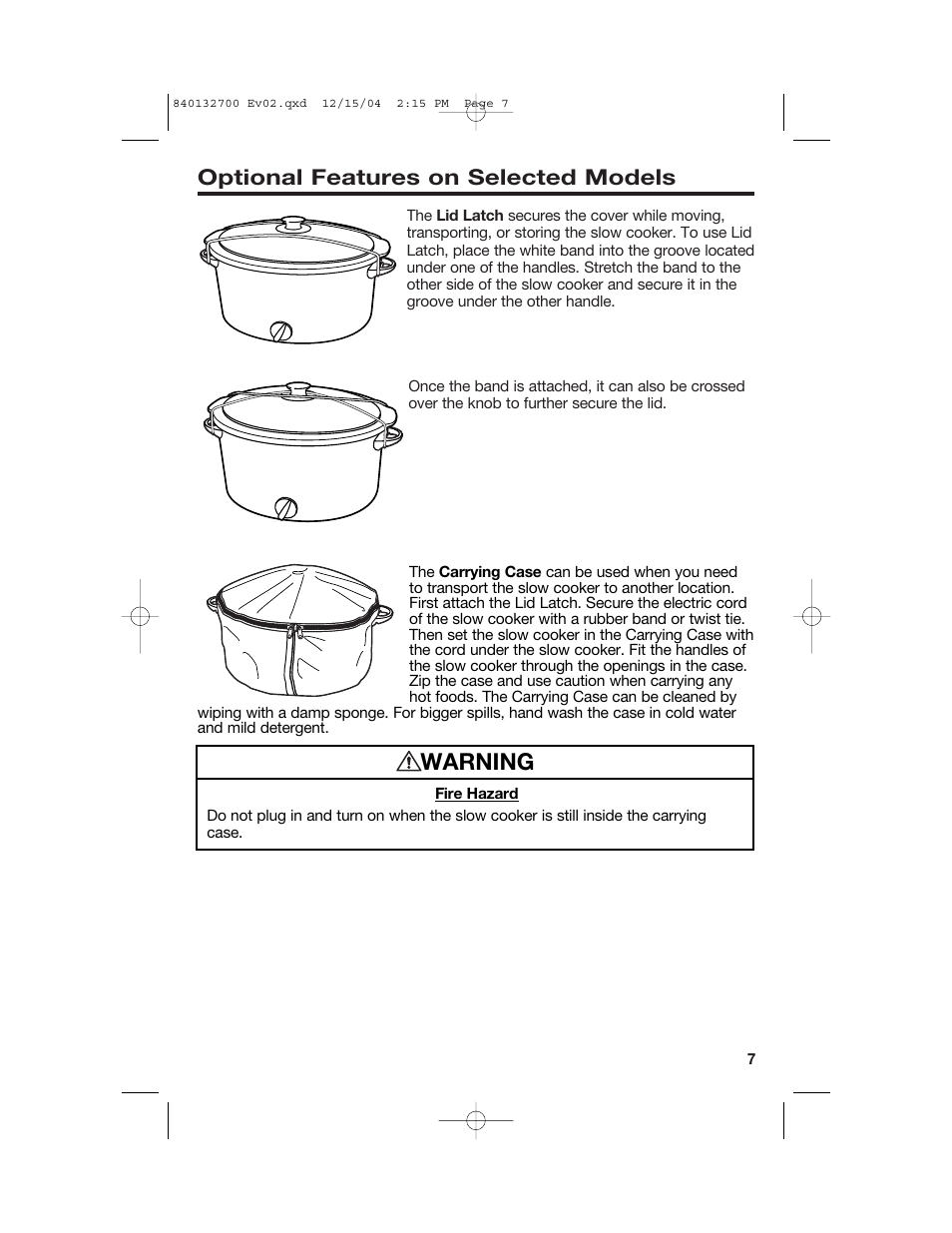 Warning, Optional features on selected models | Hamilton Beach 840132700 User Manual | Page 7 / 44