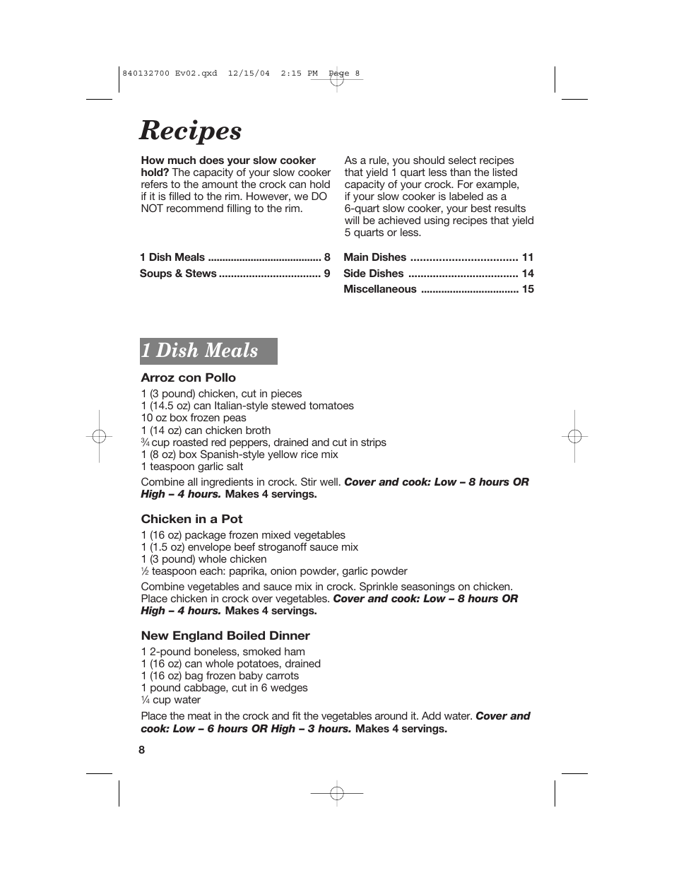 Recipes, 1 dish meals | Hamilton Beach 840132700 User Manual | Page 8 / 44