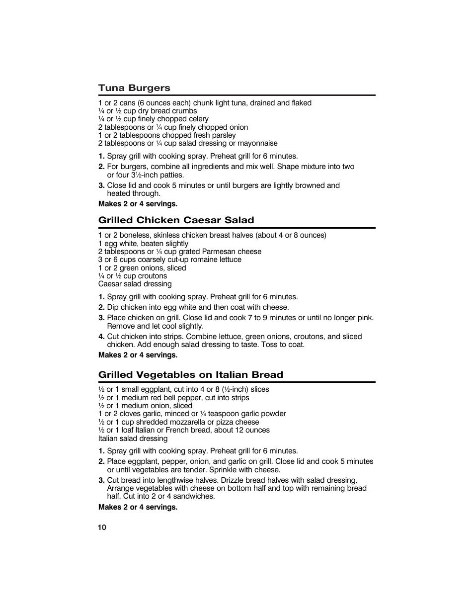 Tuna burgers, Grilled chicken caesar salad, Grilled vegetables on italian bread | Hamilton Beach 840092400 User Manual | Page 10 / 14