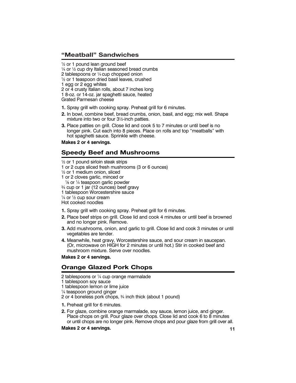 Meatball” sandwiches, Speedy beef and mushrooms, Orange glazed pork chops | Hamilton Beach 840092400 User Manual | Page 11 / 14