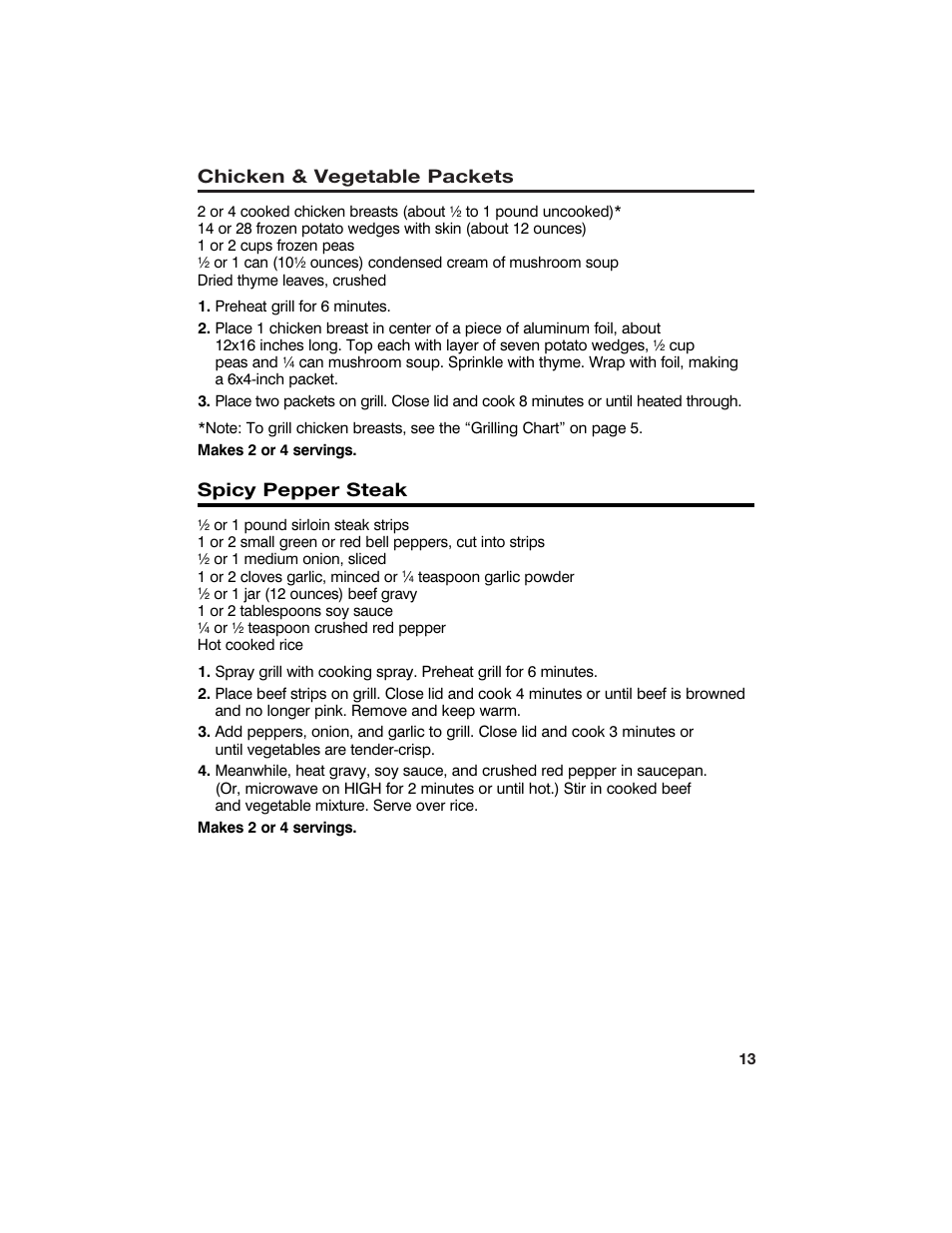 Chicken & vegetable packets, Spicy pepper steak | Hamilton Beach 840092400 User Manual | Page 13 / 14