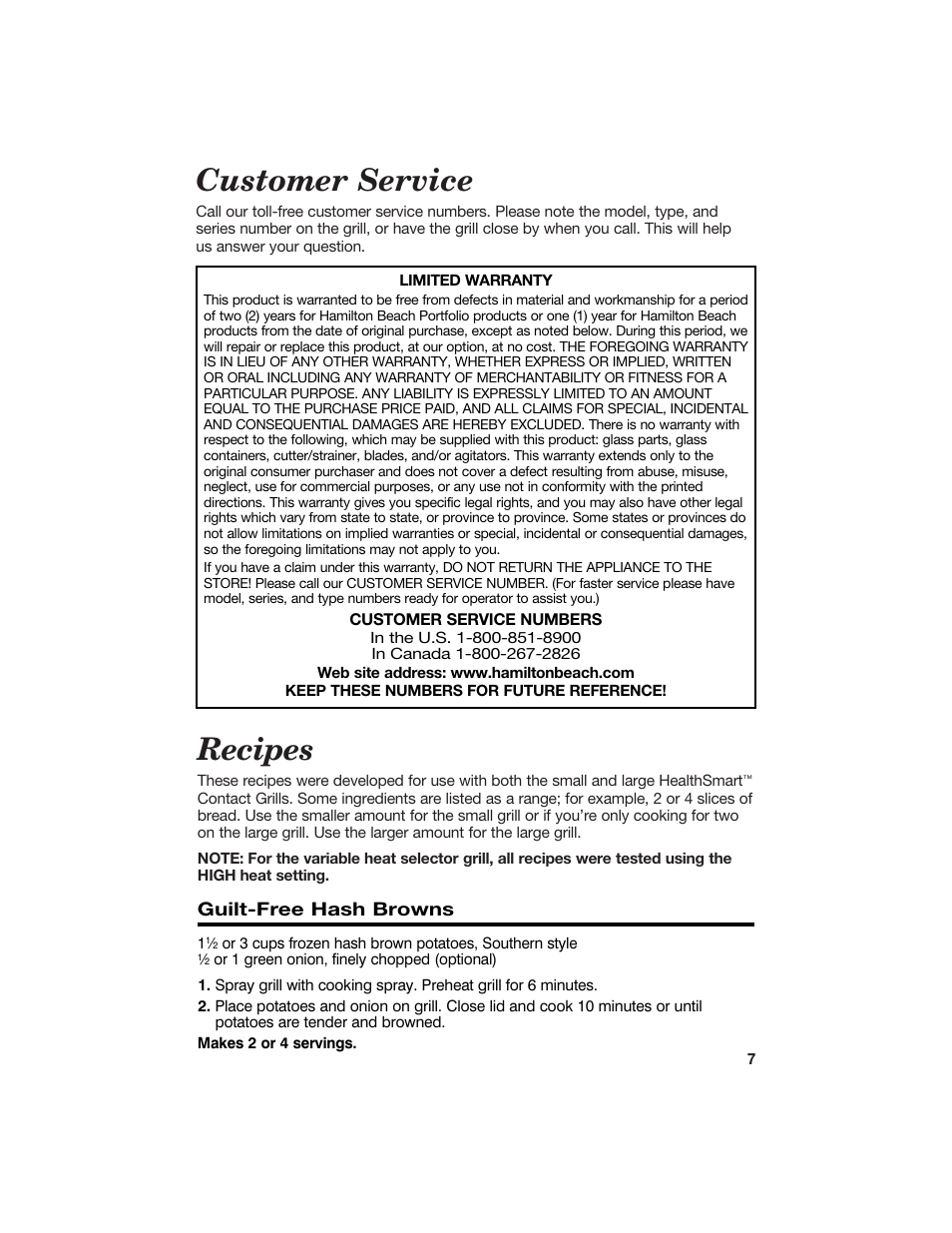 Recipes, Customer service | Hamilton Beach 840092400 User Manual | Page 7 / 14