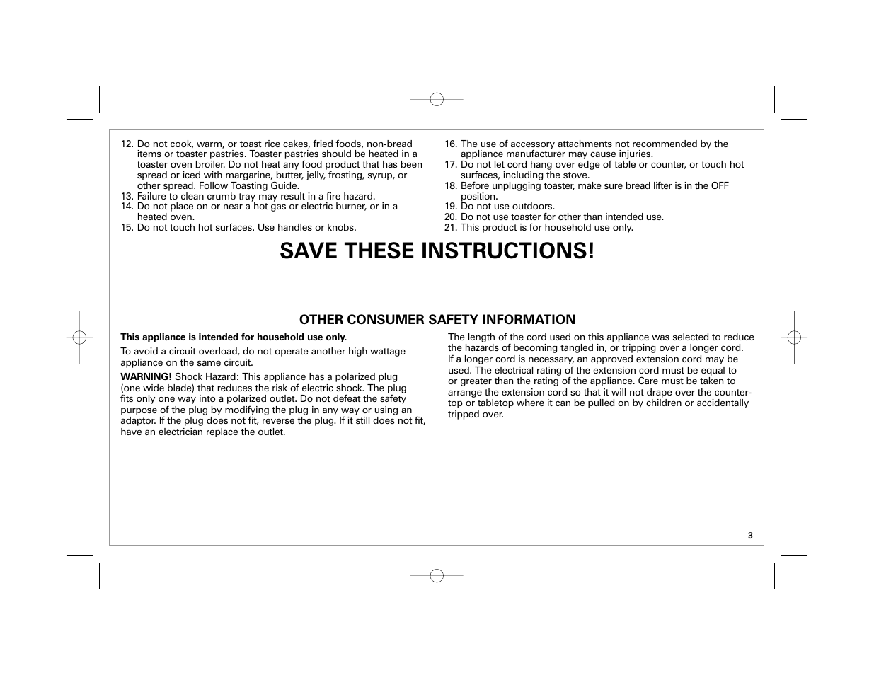 Save these instructions | Hamilton Beach 22408 User Manual | Page 3 / 24