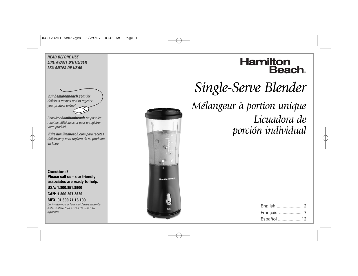 Hamilton Beach Single-Serve Blender User Manual | 20 pages