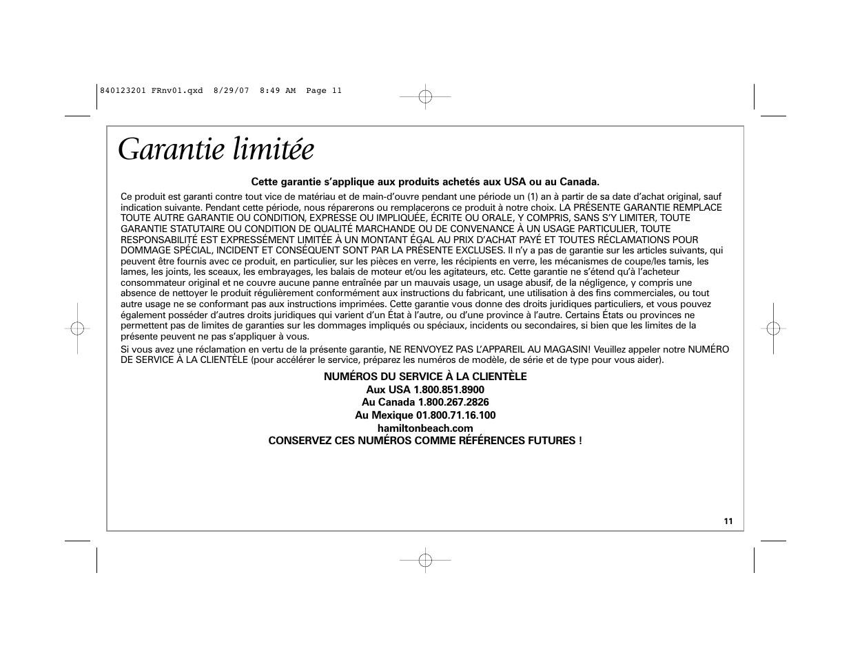 Garantie limitée | Hamilton Beach Single-Serve Blender User Manual | Page 11 / 20