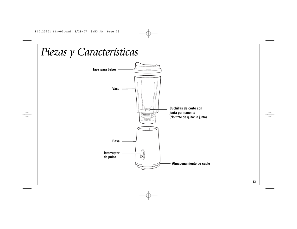 Piezas y características | Hamilton Beach Single-Serve Blender User Manual | Page 13 / 20