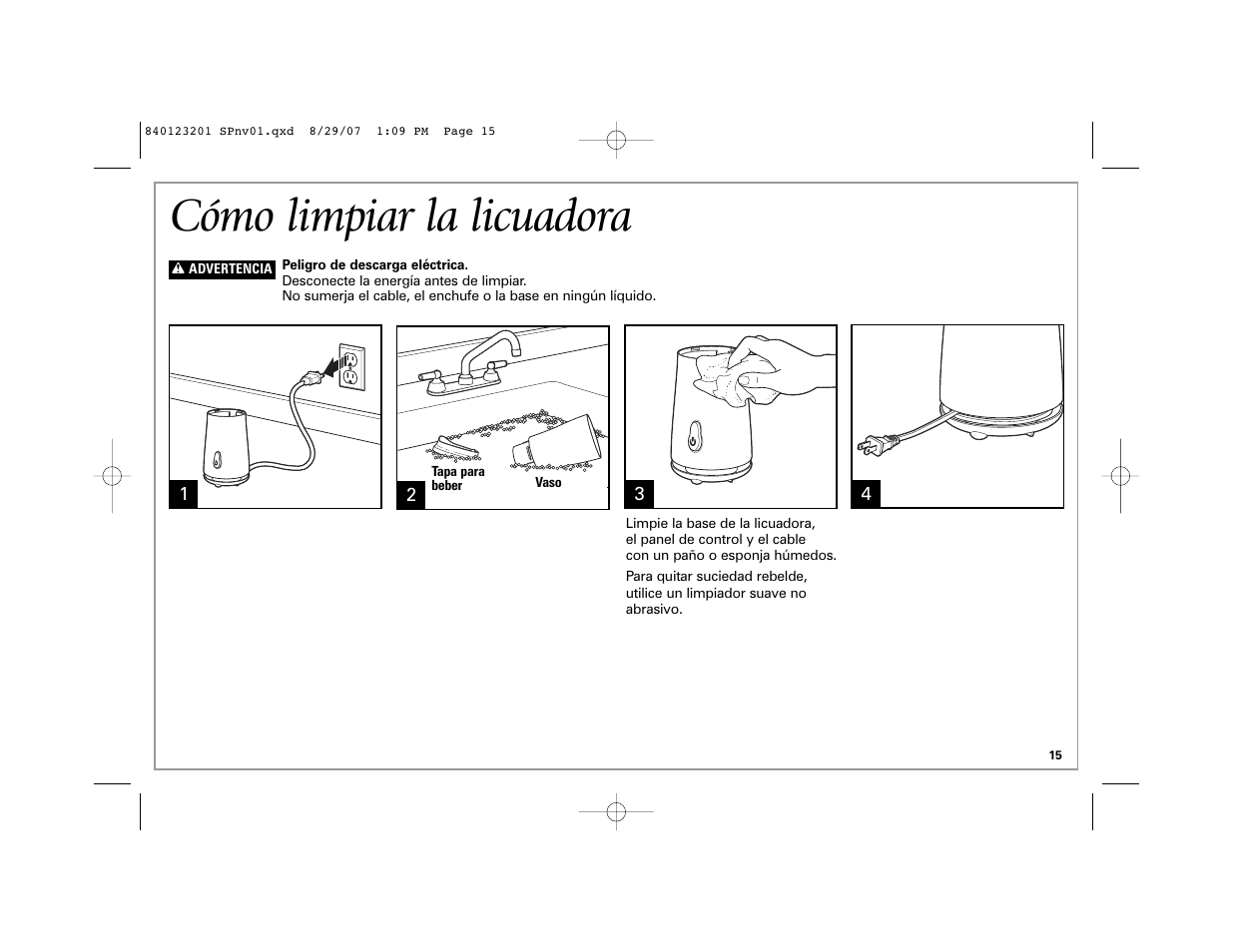 Cómo limpiar la licuadora | Hamilton Beach Single-Serve Blender User Manual | Page 15 / 20