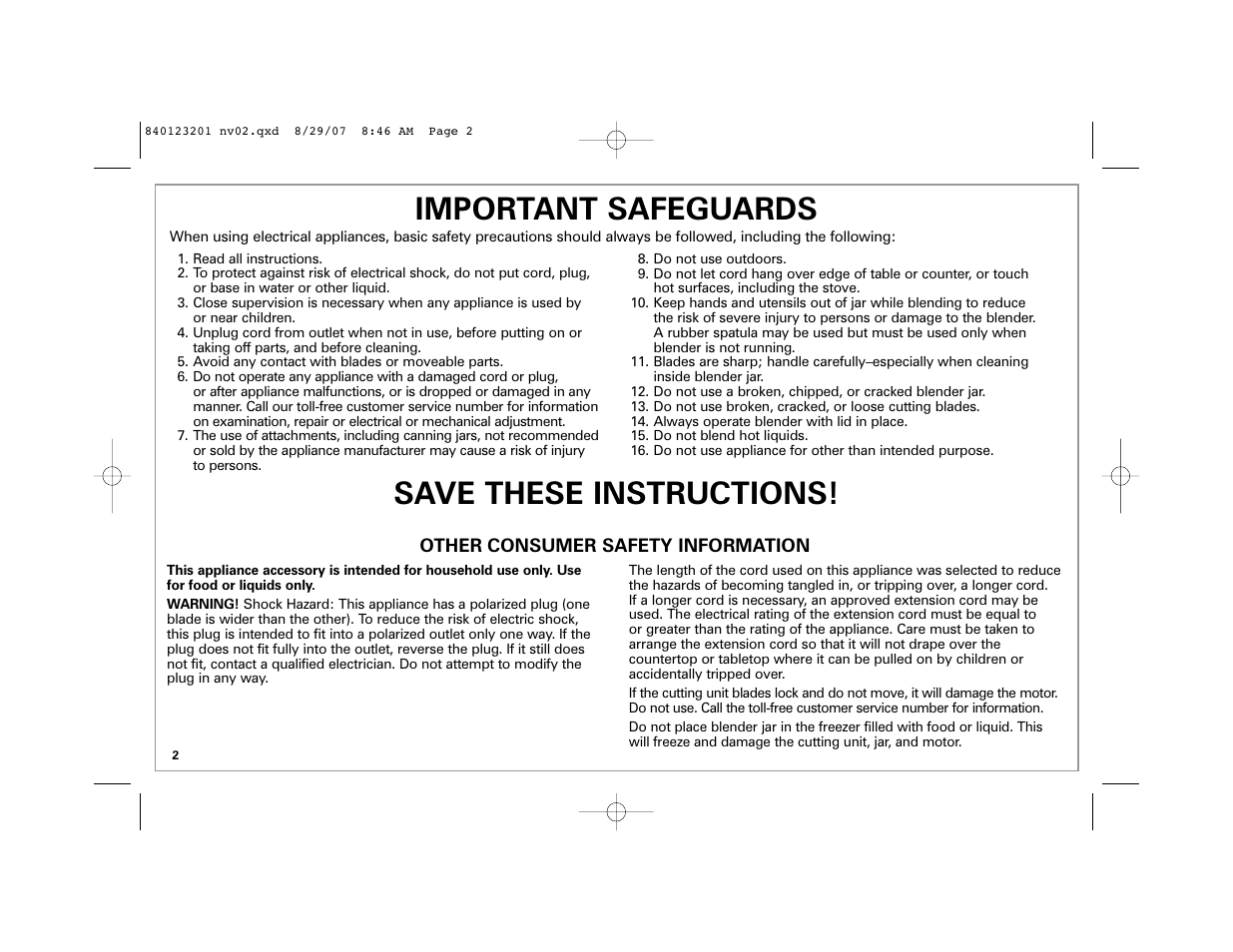Important safeguards, Save these instructions | Hamilton Beach Single-Serve Blender User Manual | Page 2 / 20