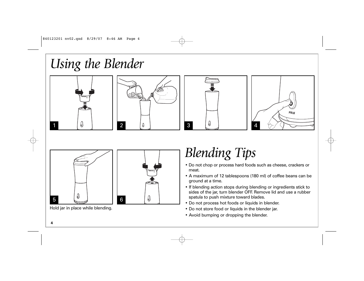 Using the blender, Blending tips | Hamilton Beach Single-Serve Blender User Manual | Page 4 / 20