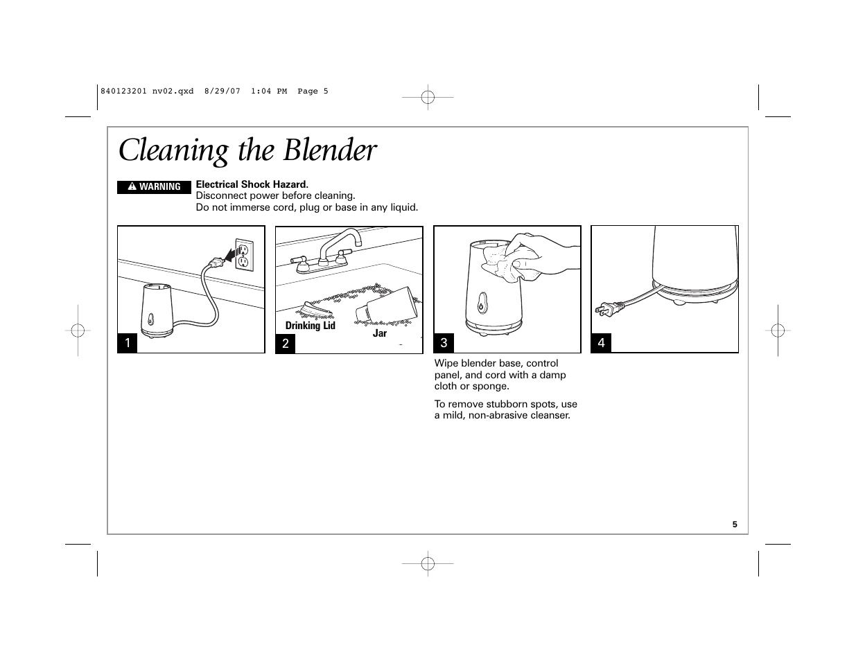 Cleaning the blender | Hamilton Beach Single-Serve Blender User Manual | Page 5 / 20