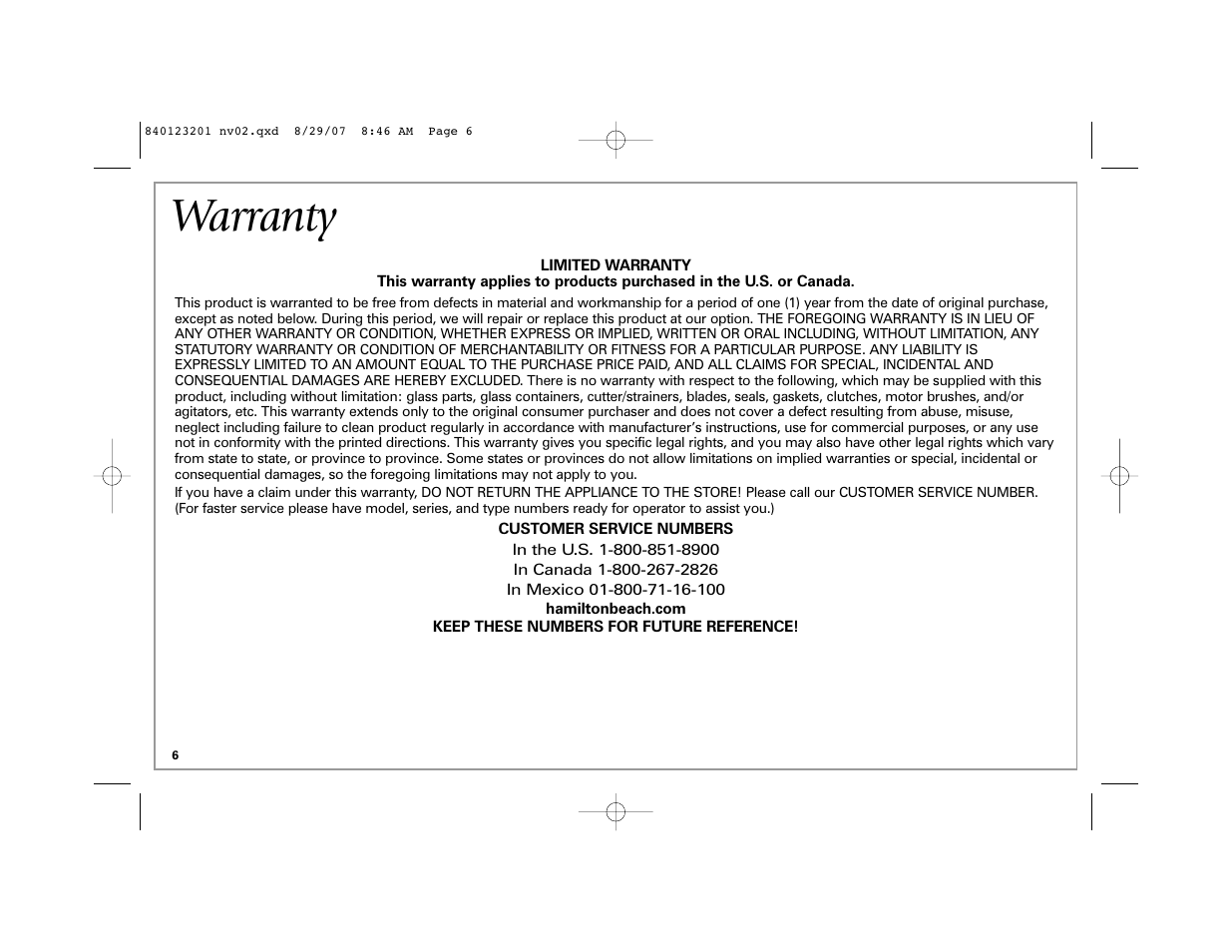 Warranty | Hamilton Beach Single-Serve Blender User Manual | Page 6 / 20