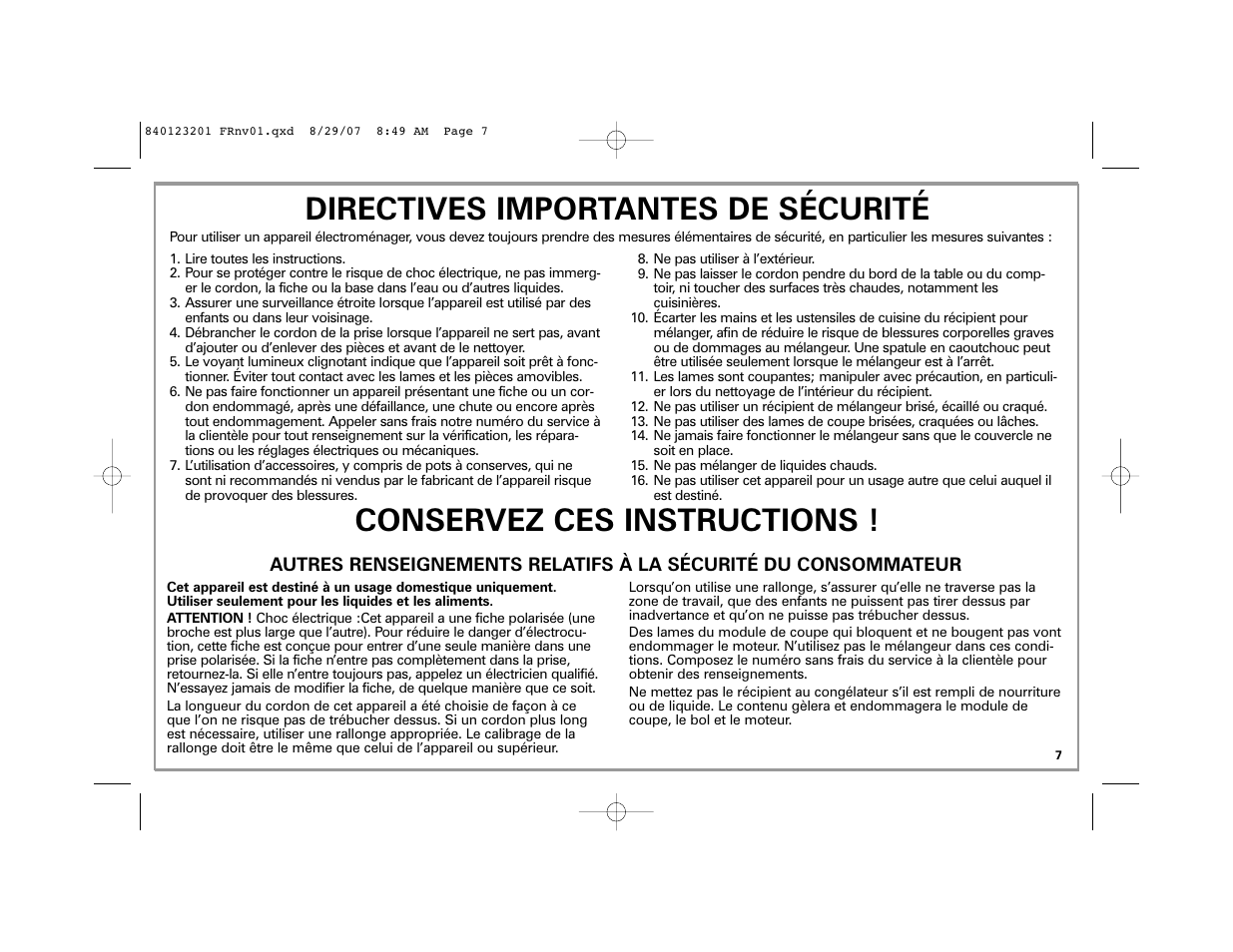 Conservez ces instructions, Directives importantes de sécurité | Hamilton Beach Single-Serve Blender User Manual | Page 7 / 20