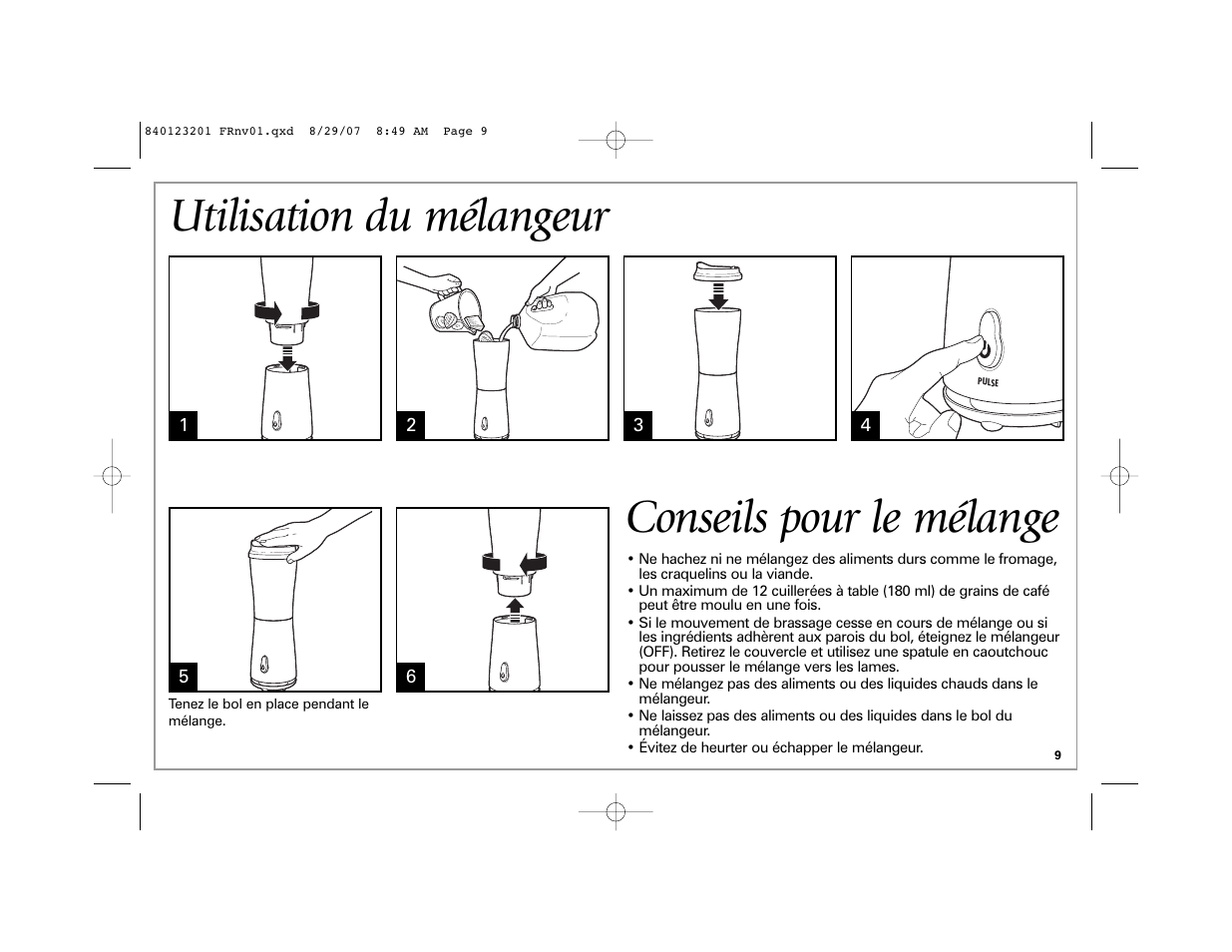Utilisation du mélangeur, Conseils pour le mélange | Hamilton Beach Single-Serve Blender User Manual | Page 9 / 20