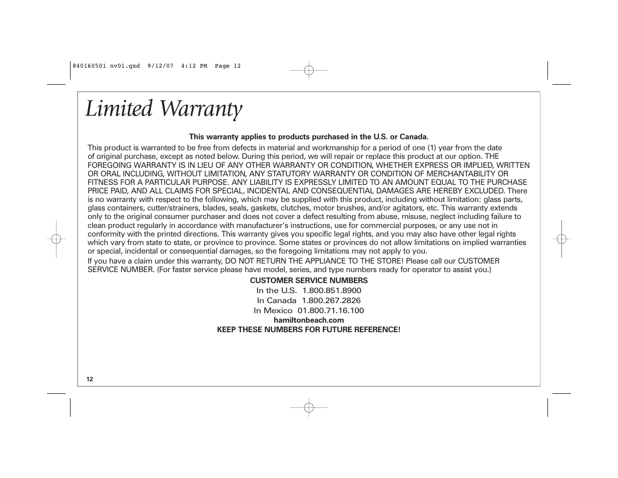 Limited warranty | Hamilton Beach BrewStation Deluxe 47451 User Manual | Page 12 / 36