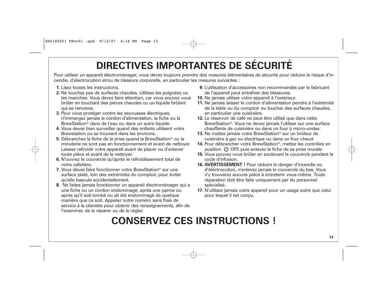 Directives importantes de sécurité, Conservez ces instructions | Hamilton Beach BrewStation Deluxe 47451 User Manual | Page 13 / 36