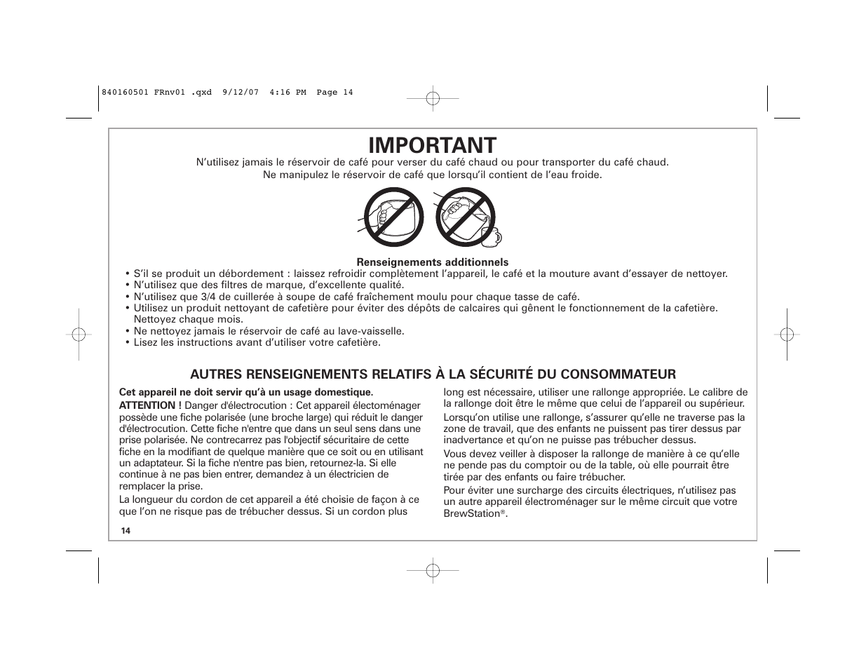 Important | Hamilton Beach BrewStation Deluxe 47451 User Manual | Page 14 / 36