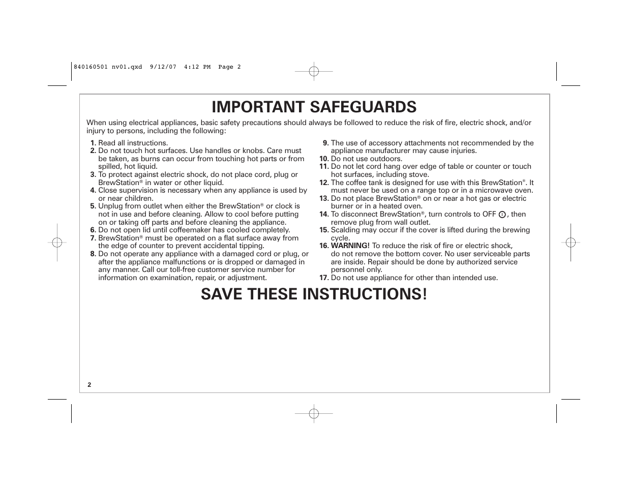 Important safeguards, Save these instructions | Hamilton Beach BrewStation Deluxe 47451 User Manual | Page 2 / 36