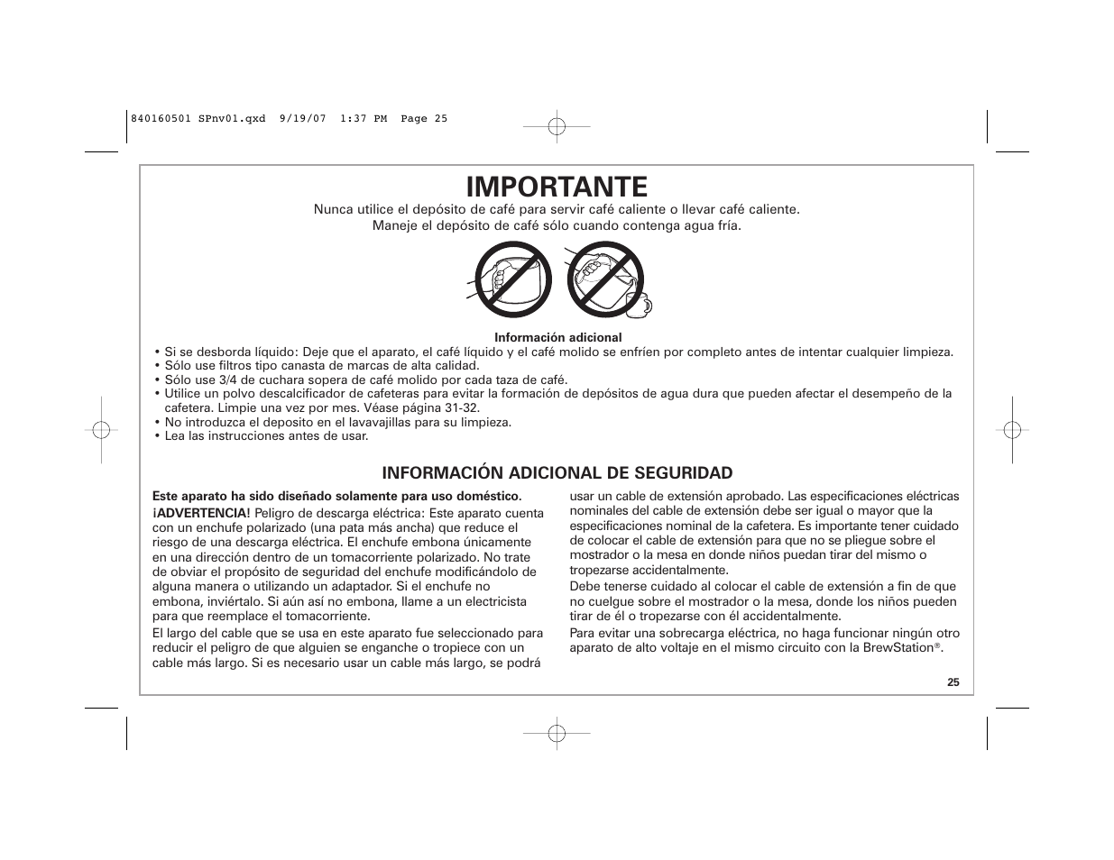 Importante | Hamilton Beach BrewStation Deluxe 47451 User Manual | Page 25 / 36