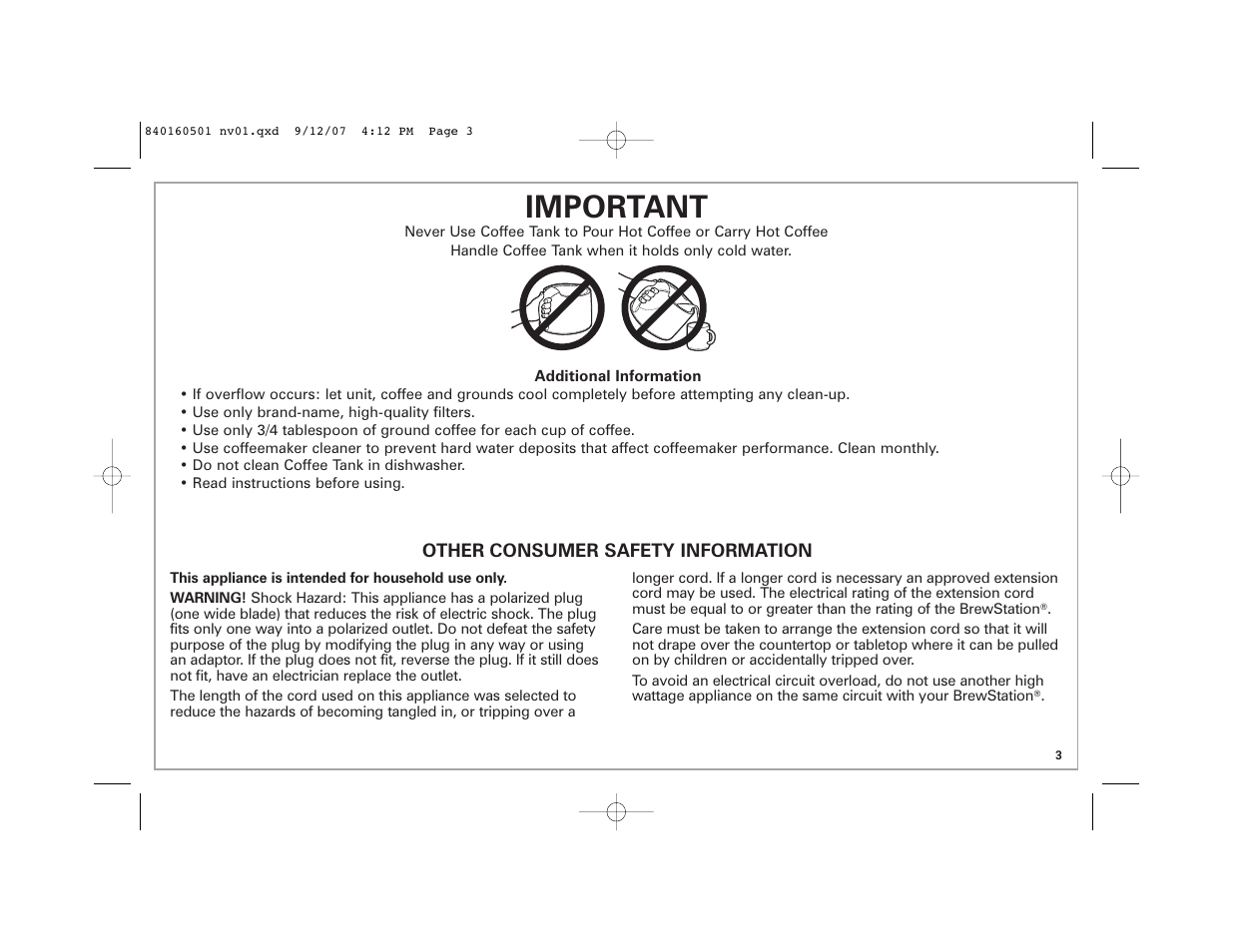 Important | Hamilton Beach BrewStation Deluxe 47451 User Manual | Page 3 / 36