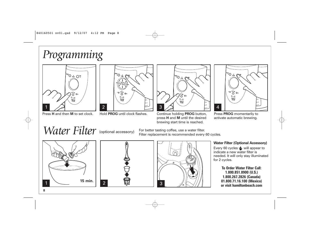 Programming, Water filter | Hamilton Beach BrewStation Deluxe 47451 User Manual | Page 8 / 36