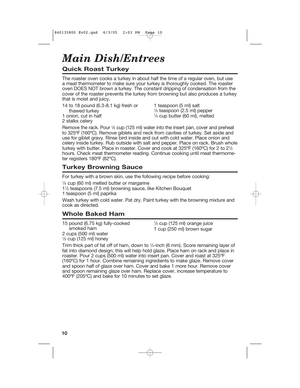 Main dish/entrees, Quick roast turkey, Turkey browning sauce | Whole baked ham | Hamilton Beach 32184C User Manual | Page 10 / 48