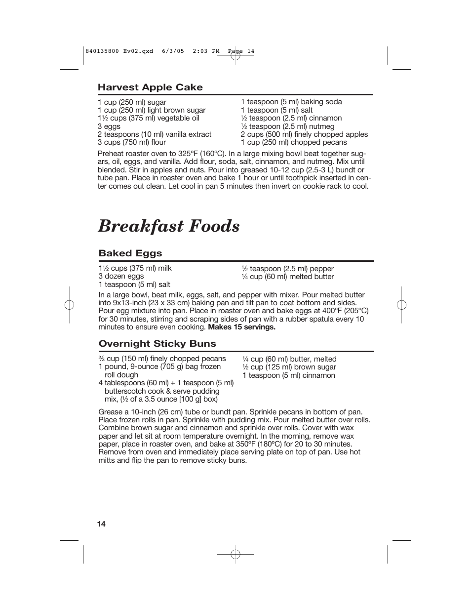 Breakfast foods, Baked eggs, Overnight sticky buns | Harvest apple cake | Hamilton Beach 32184C User Manual | Page 14 / 48