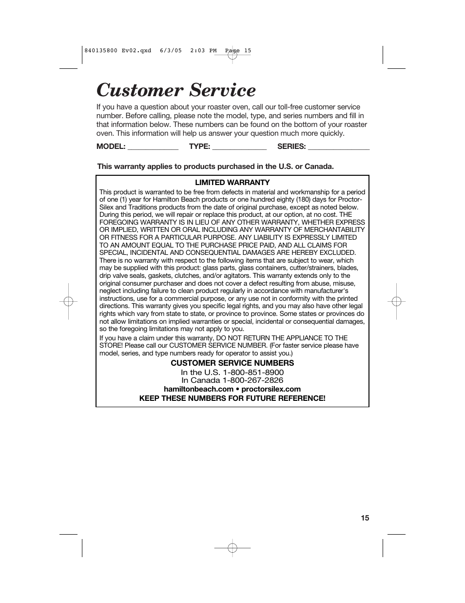 Customer service | Hamilton Beach 32184C User Manual | Page 15 / 48