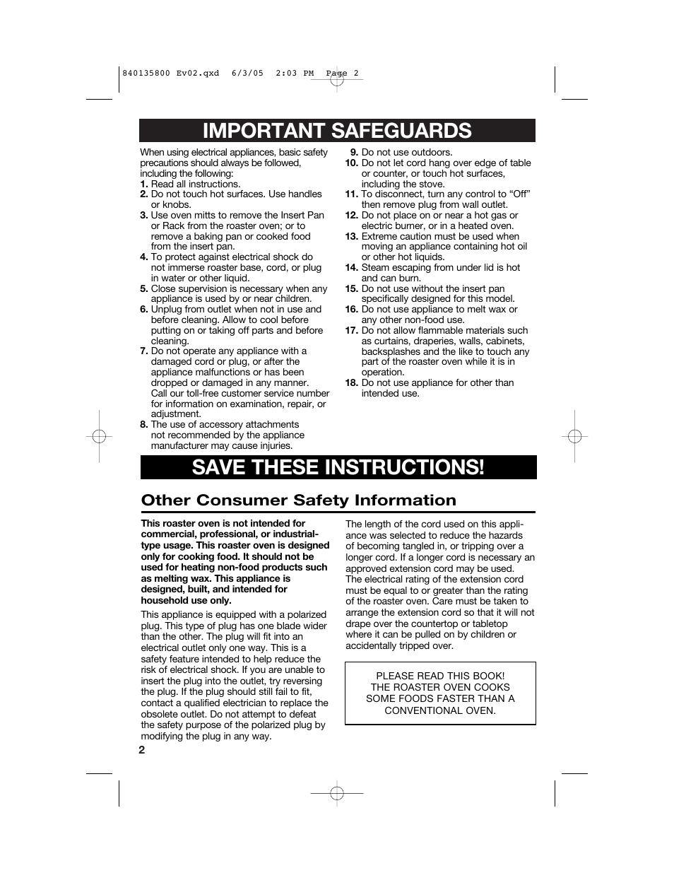 Important safeguards save these instructions, Other consumer safety information | Hamilton Beach 32184C User Manual | Page 2 / 48