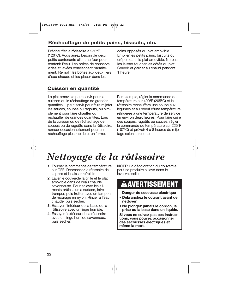 Nettoyage de la rôtissoire, Wavertissement | Hamilton Beach 32184C User Manual | Page 22 / 48