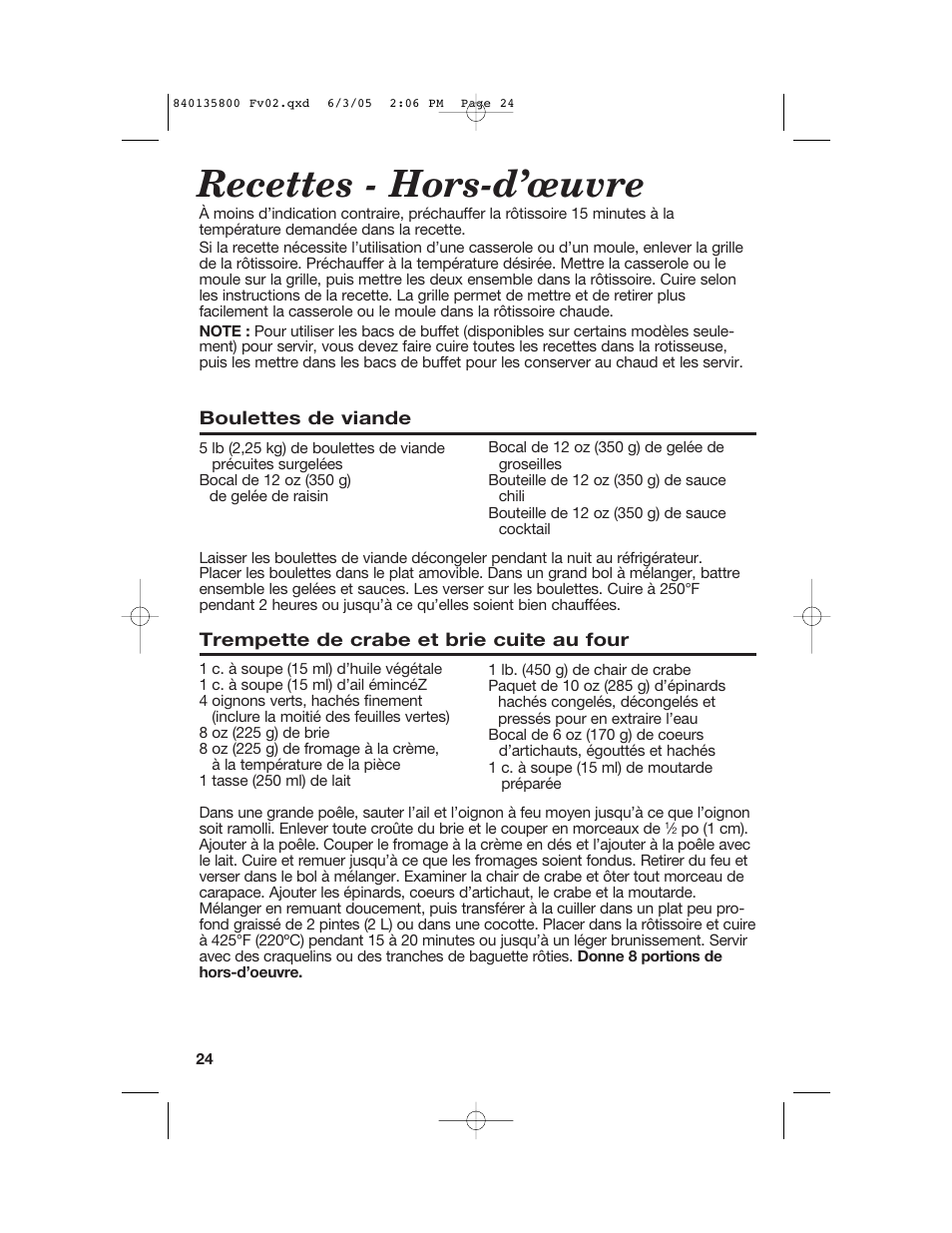 Recettes - hors-d’œuvre | Hamilton Beach 32184C User Manual | Page 24 / 48