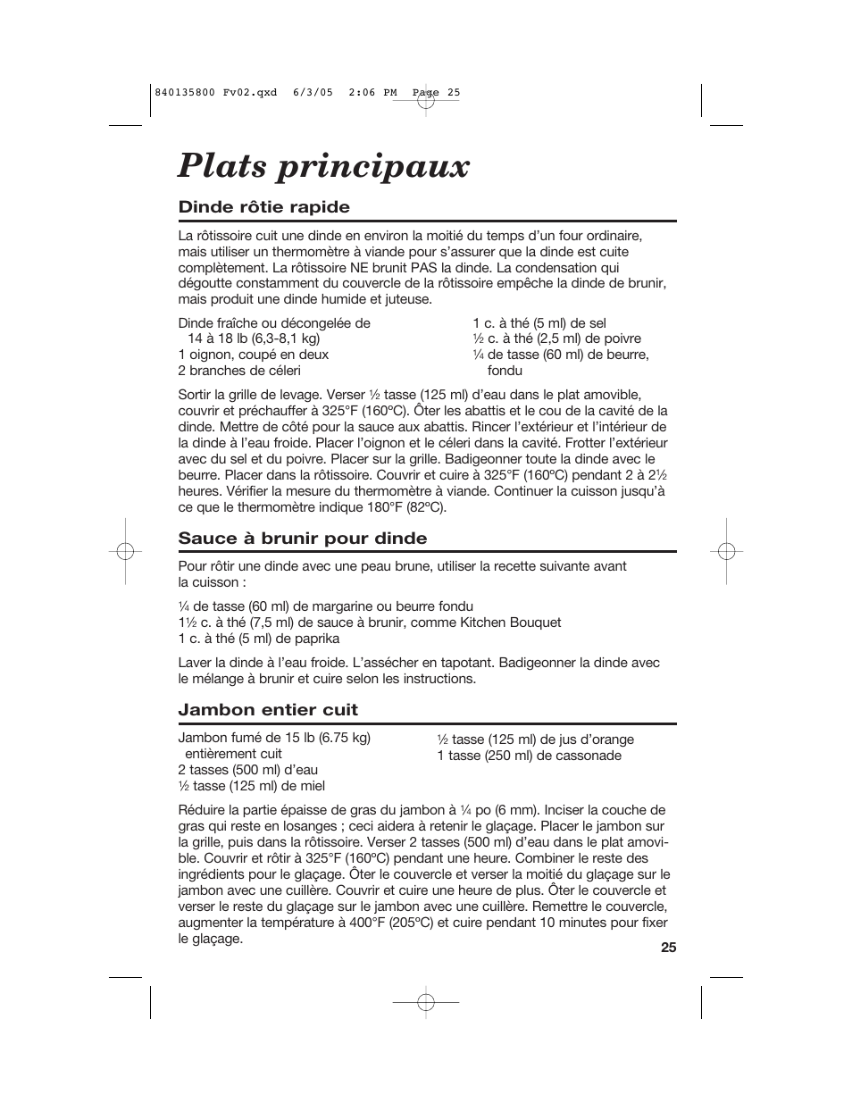 Plats principaux, Dinde rôtie rapide, Sauce à brunir pour dinde | Jambon entier cuit | Hamilton Beach 32184C User Manual | Page 25 / 48
