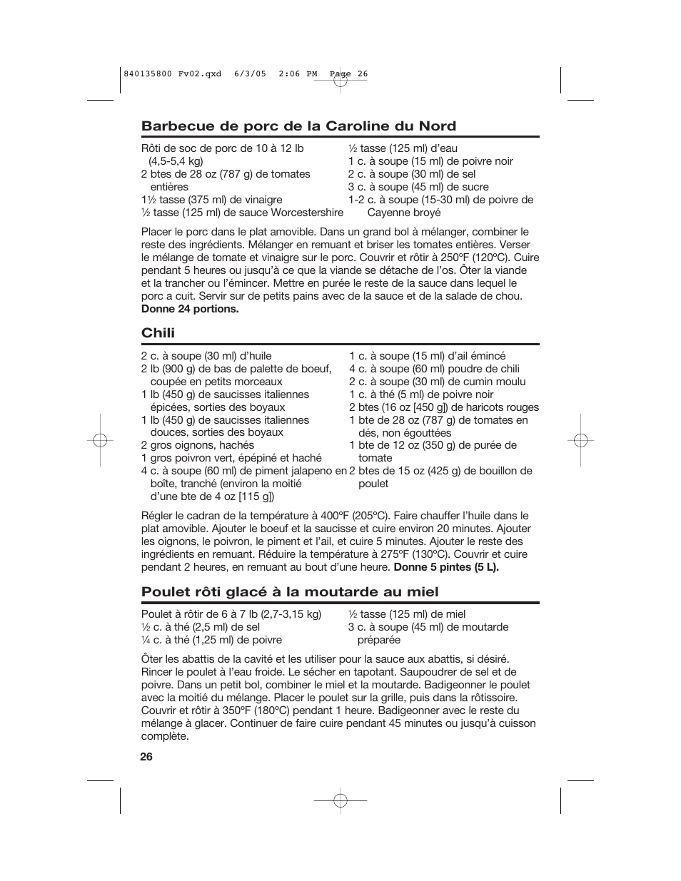 Barbecue de porc de la caroline du nord, Chili, Poulet rôti glacé à la moutarde au miel | Hamilton Beach 32184C User Manual | Page 26 / 48