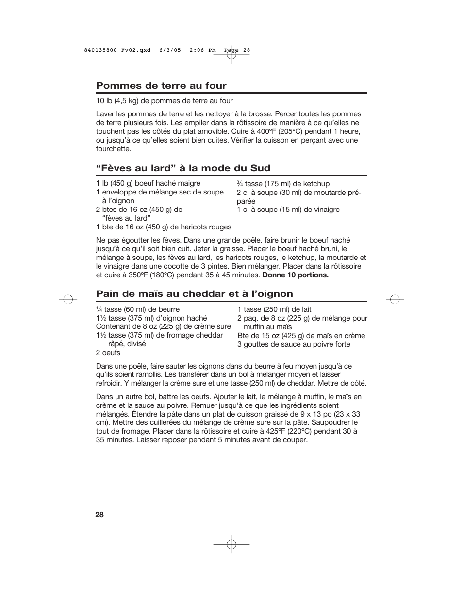 Pommes de terre au four, Fèves au lard” à la mode du sud, Pain de maïs au cheddar et à l’oignon | Hamilton Beach 32184C User Manual | Page 28 / 48