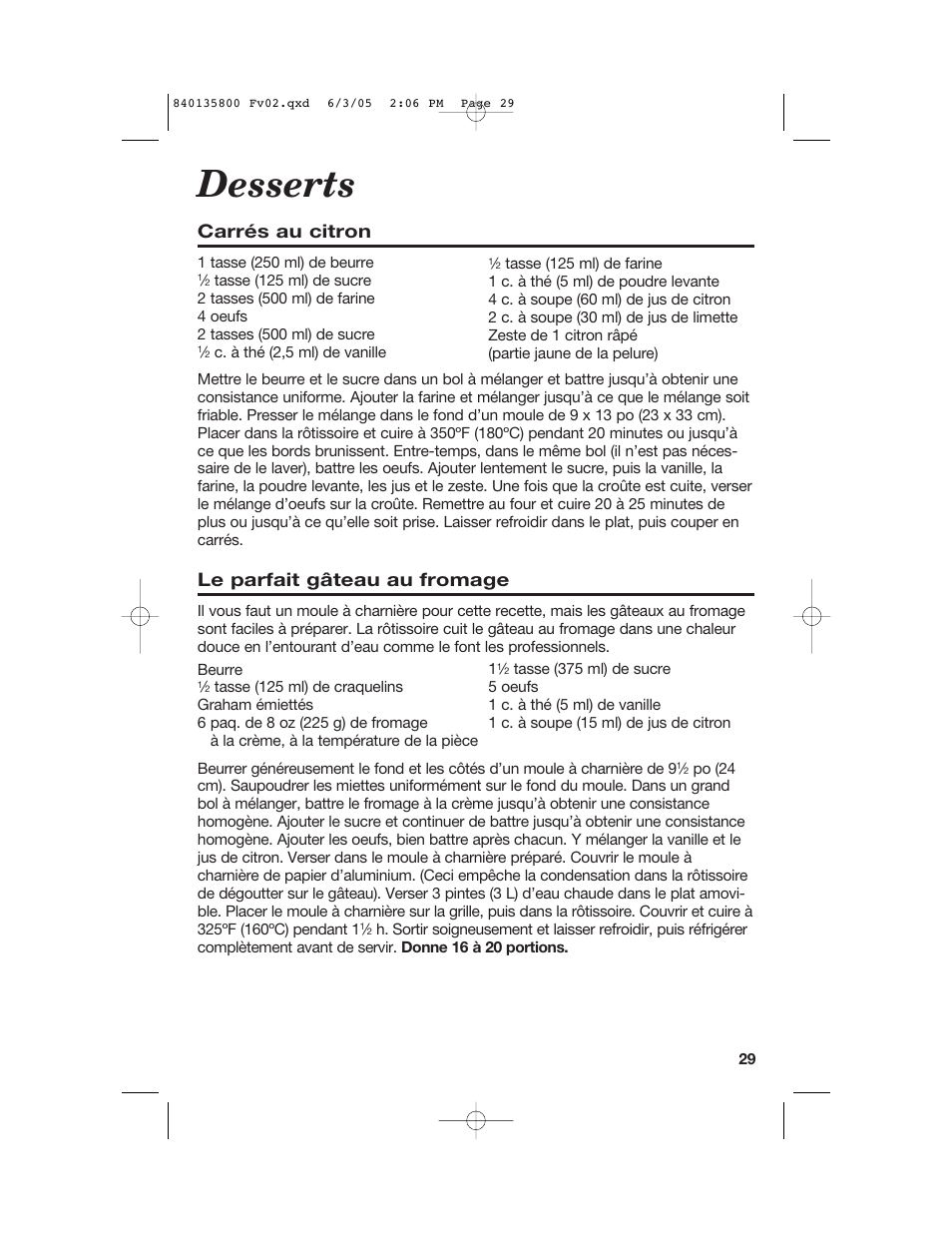 Desserts, Carrés au citron, Le parfait gâteau au fromage | Hamilton Beach 32184C User Manual | Page 29 / 48