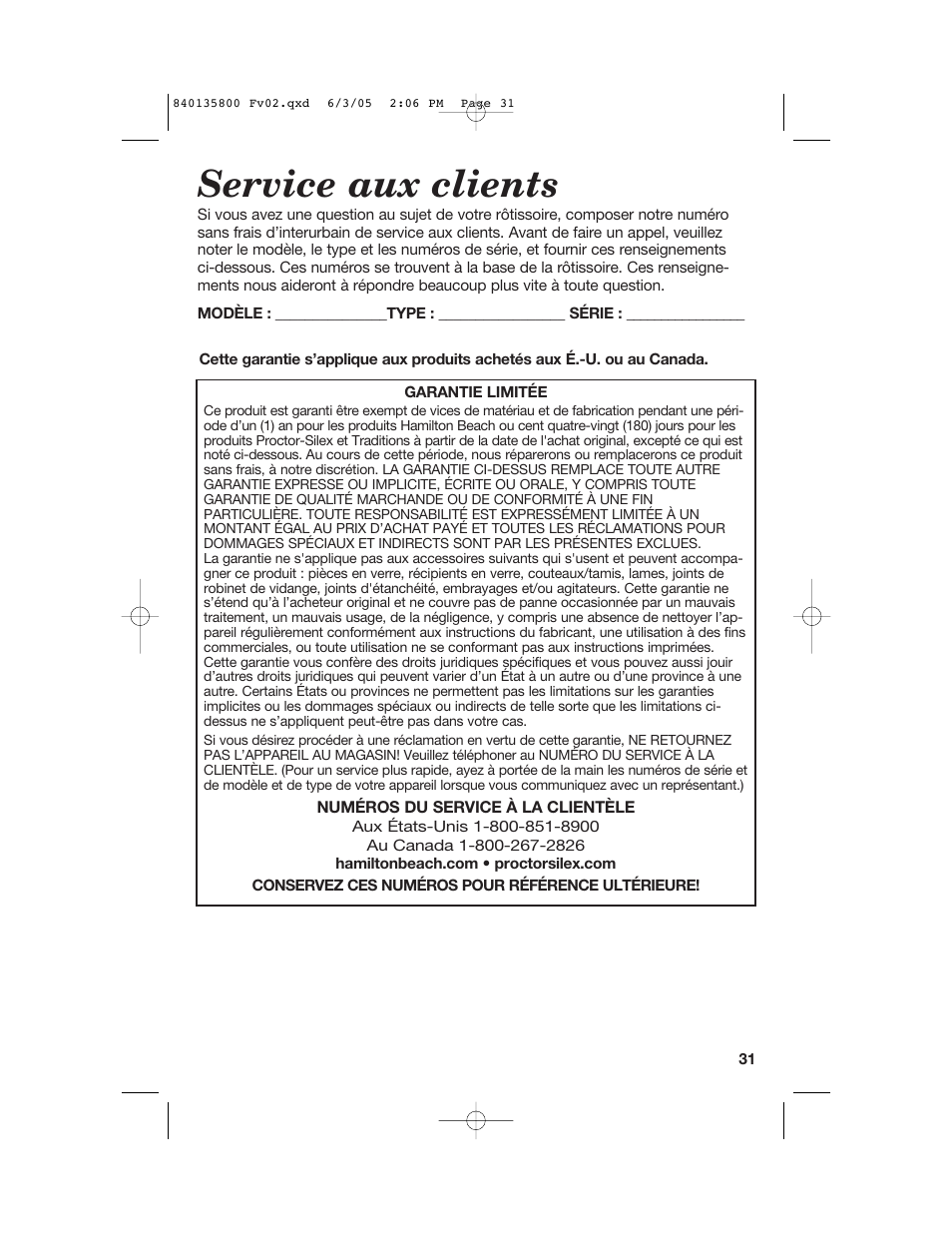 Service aux clients | Hamilton Beach 32184C User Manual | Page 31 / 48