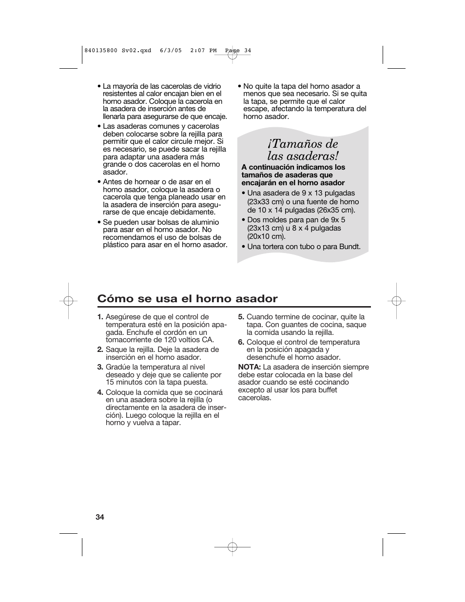 Tamaños de las asaderas, Cómo se usa el horno asador | Hamilton Beach 32184C User Manual | Page 34 / 48