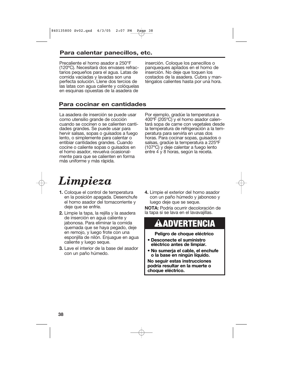 Limpieza, Wadvertencia | Hamilton Beach 32184C User Manual | Page 38 / 48