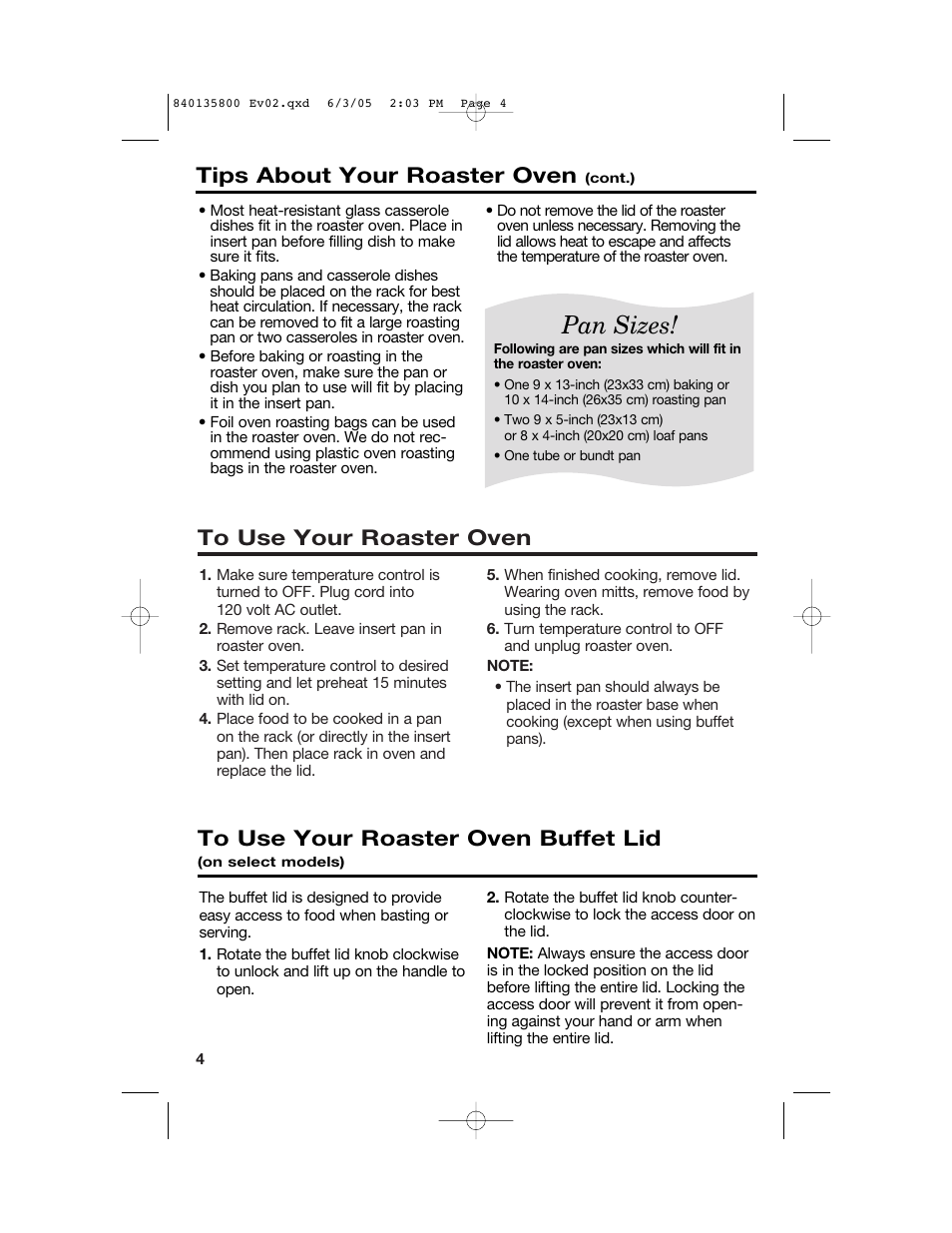 Pan sizes, Tips about your roaster oven | Hamilton Beach 32184C User Manual | Page 4 / 48