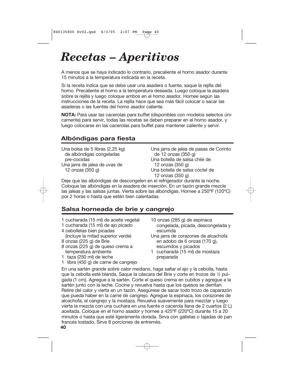 Recetas – aperitivos | Hamilton Beach 32184C User Manual | Page 40 / 48
