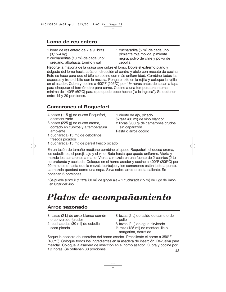 Platos de acompañamiento, Camarones al roquefort, Arroz sazonado | Lomo de res entero | Hamilton Beach 32184C User Manual | Page 43 / 48