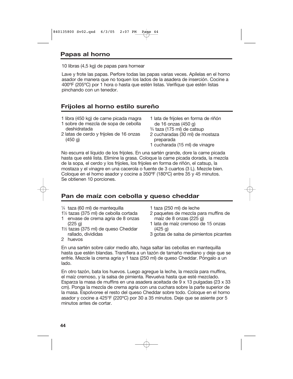 Frijoles al horno estilo sureño, Papas al horno, Pan de maíz con cebolla y queso cheddar | Hamilton Beach 32184C User Manual | Page 44 / 48