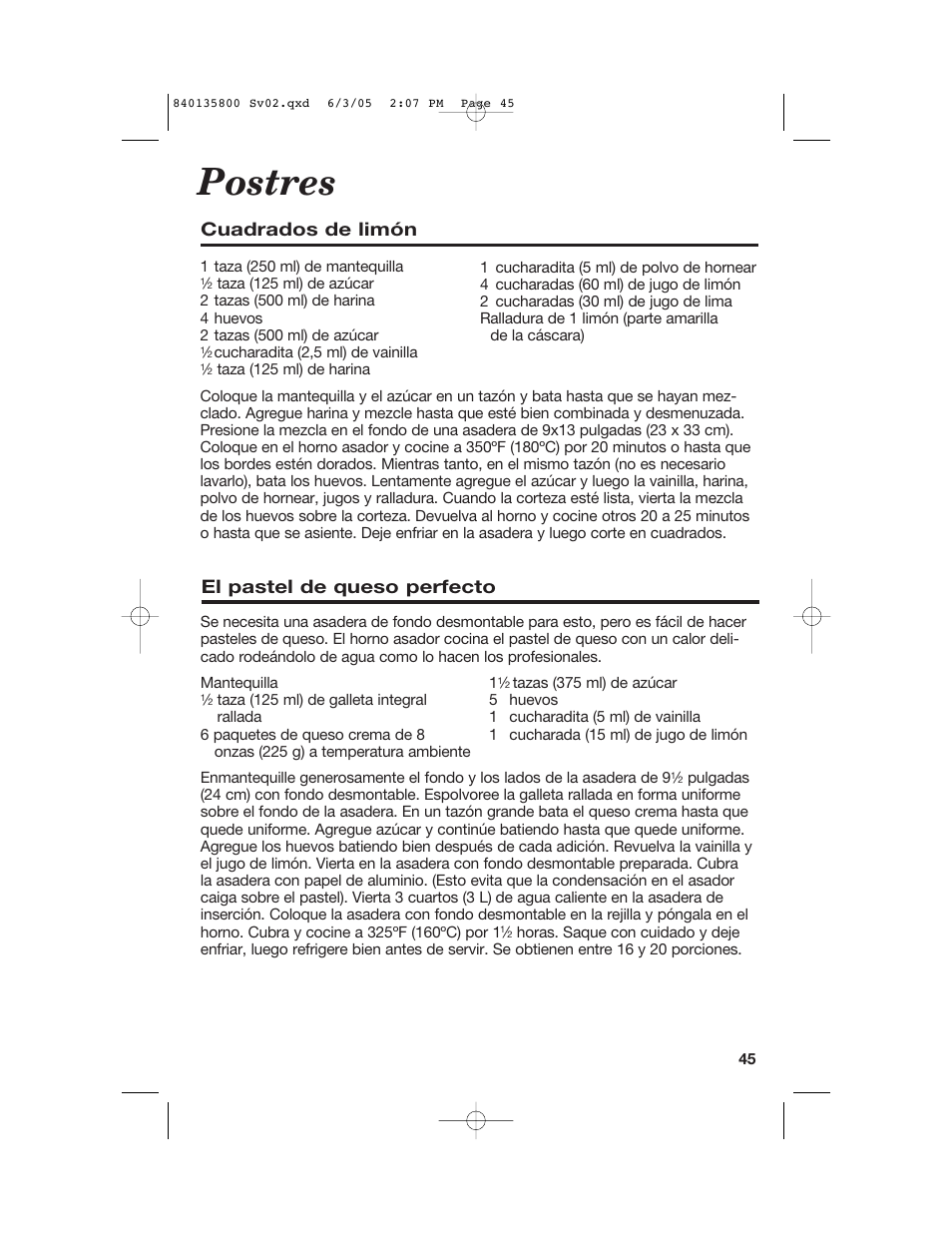 Postres, Cuadrados de limón, El pastel de queso perfecto | Hamilton Beach 32184C User Manual | Page 45 / 48