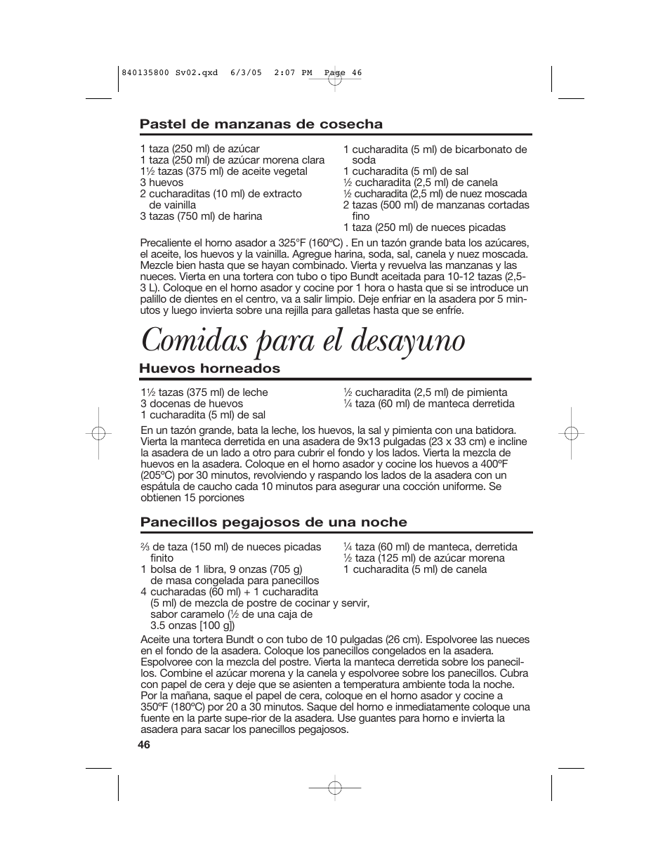 Comidas para el desayuno, Pastel de manzanas de cosecha, Huevos horneados | Panecillos pegajosos de una noche | Hamilton Beach 32184C User Manual | Page 46 / 48