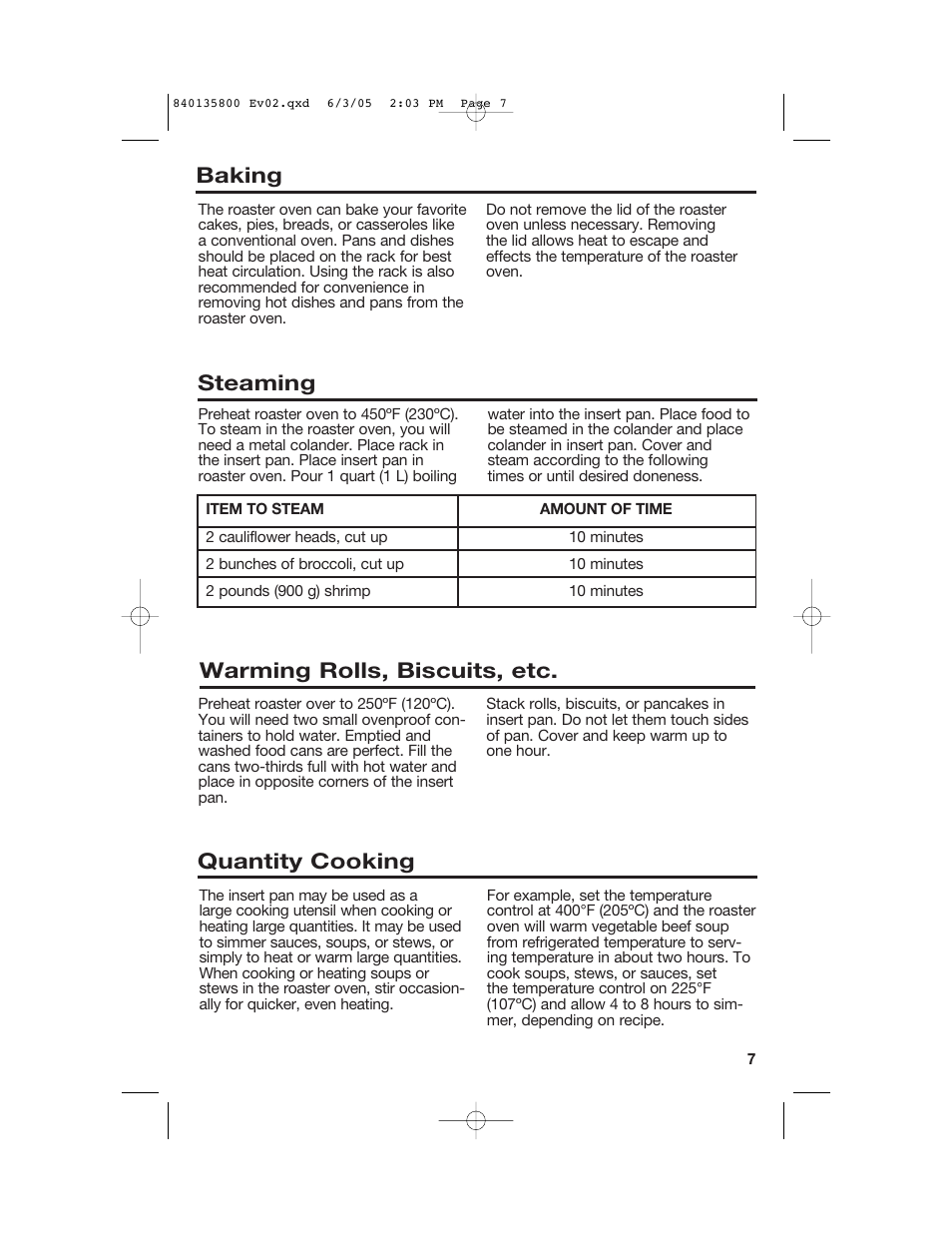 Steaming, Baking, Warming rolls, biscuits, etc | Quantity cooking | Hamilton Beach 32184C User Manual | Page 7 / 48