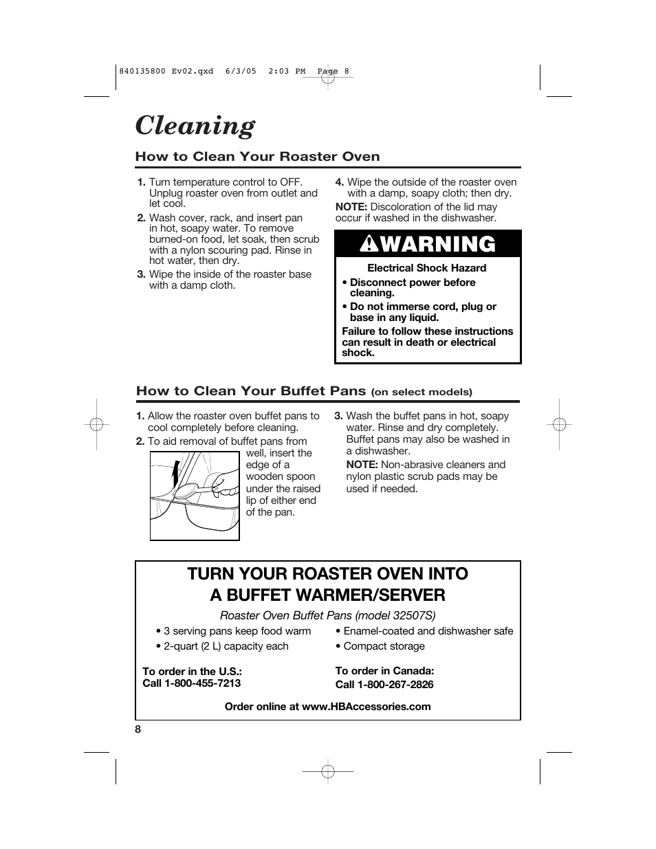 Cleaning, Wwarning, Turn your roaster oven into a buffet warmer/server | Hamilton Beach 32184C User Manual | Page 8 / 48