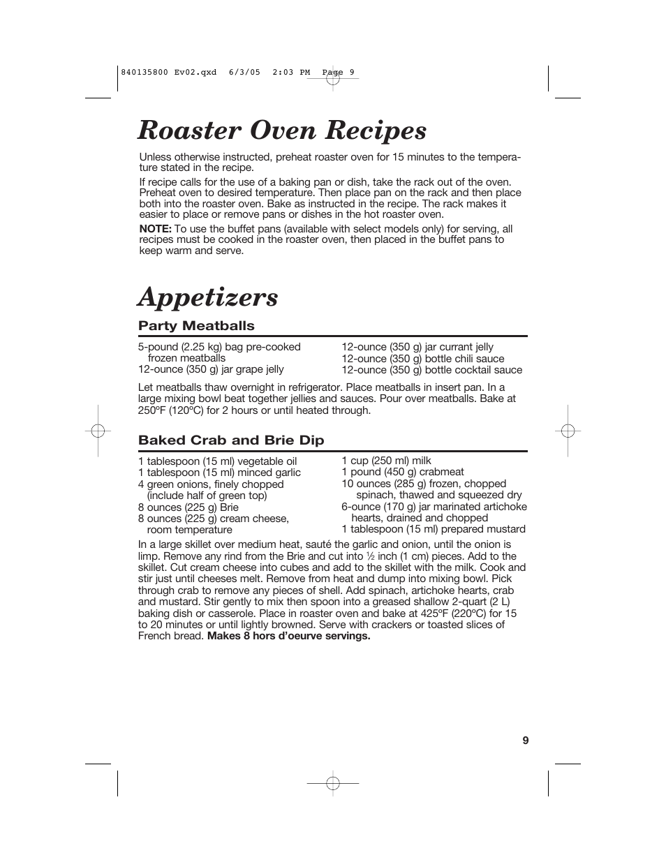 Appetizers, Roaster oven recipes | Hamilton Beach 32184C User Manual | Page 9 / 48